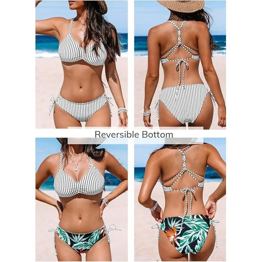 CUPSHE Women's 2 Piece Bikini Set Back Braided Straps with Reversible Bottom Med